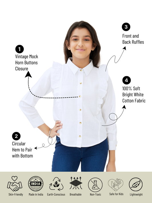 Olele® Girls Regina Full Sleeves Ruffle Shirt - Bright White Cotton