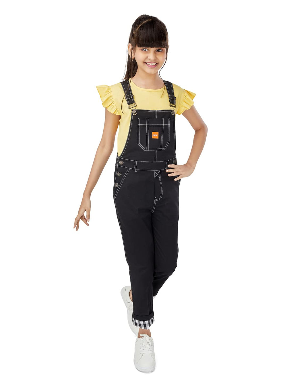 Olele® Full Length Cotton Twill Dungaree with Contrast Hemfold - Zed Black
