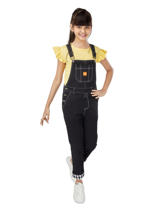 Olele® Full Length Cotton Twill Dungaree with Contrast Hemfold - Zed Black